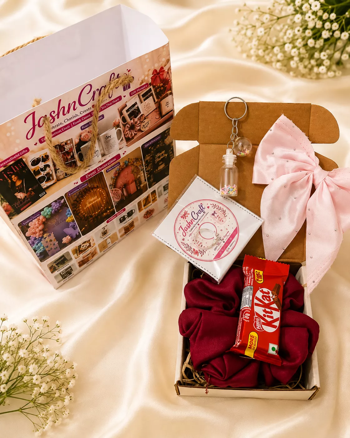 JashnCraft chocolate and accessories gift hamper for girls with pink bow, satin scrunchie and KitKat