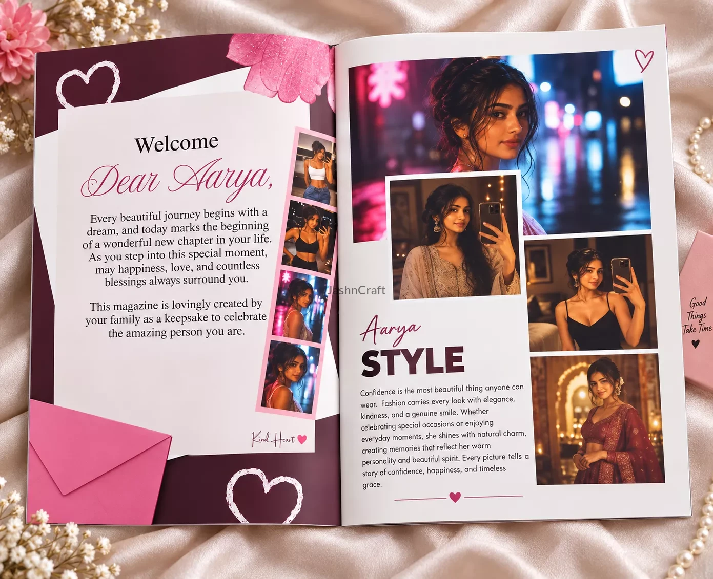 Personalized birthday magazine gift with photo name and birthday date for her