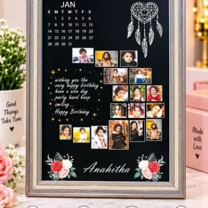 Personalized birthday photo frame with name, calendar and multiple custom photos